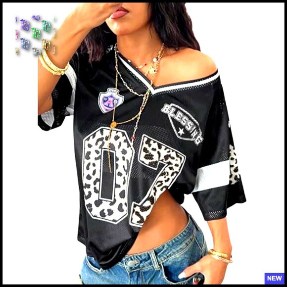 Y2K Leopard Graphic Oversized Football Jersey Top Streetwear T-Shirt - Picture 4 of 5